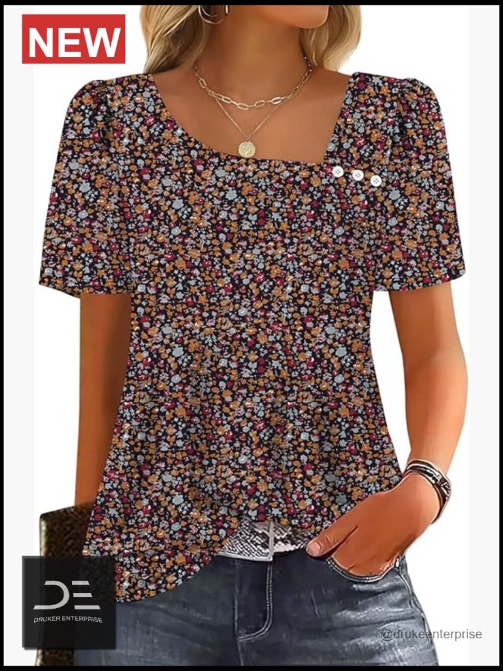 Women's Short Sleeve Square Neck Puff Sleeve Blouse - 95% Polyester 5% Spandex